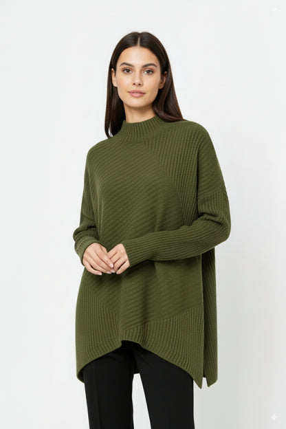 Khaki Asymmetric Ribbed Knit Sweater Tunic