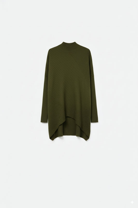 Q2 Khaki Asymmetric Ribbed Knit Sweater Tunic