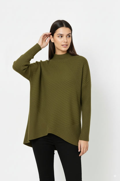Khaki Asymmetric Ribbed Knit Sweater Tunic