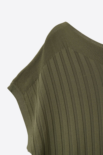 Khaki fine Rib knitted Sweater with boat neck