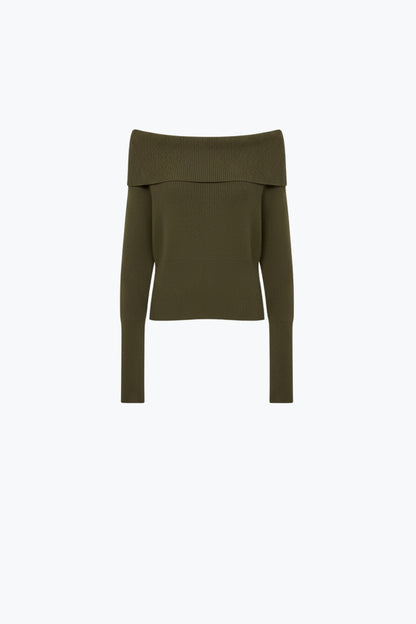 Q2 khaki fine ribbed knit sweater with wide boat neck