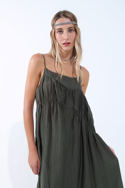 Khaki Midi Dress with Thin Straps and Crinkled Detail