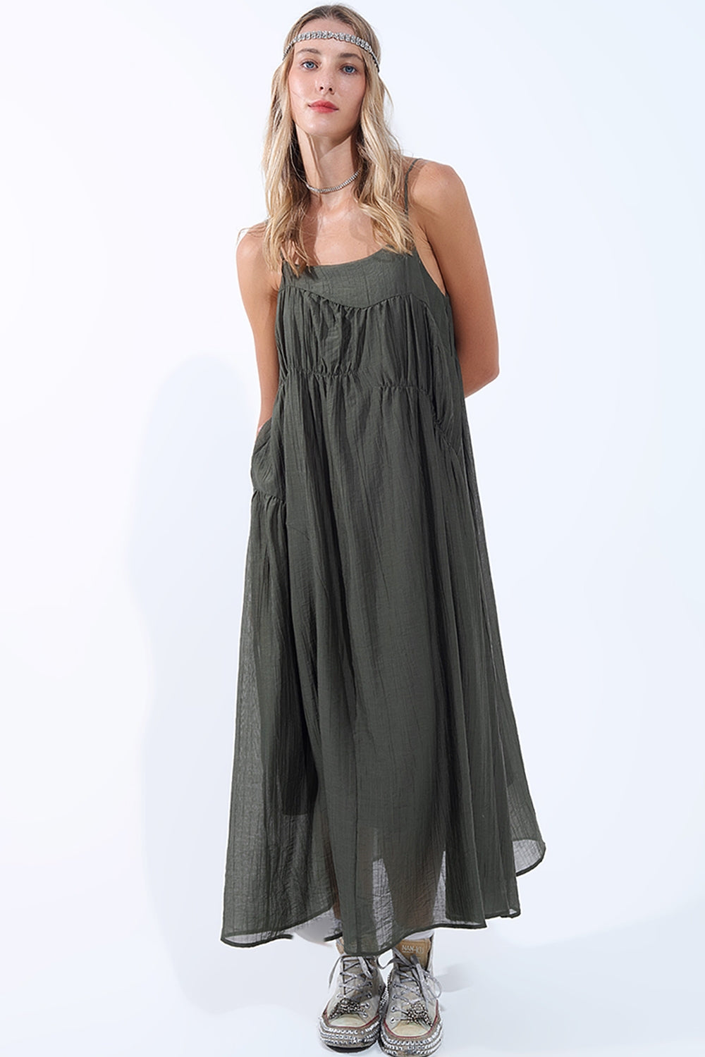 Q2 Khaki Midi Dress with Thin Straps and Crinkled Detail