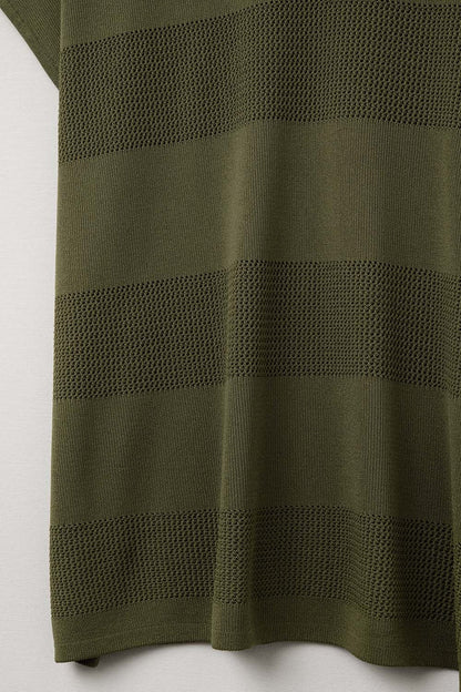 Khaki V-neck knit sweater with open stitch detail