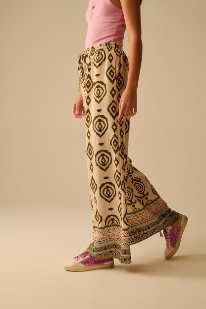 Khaki wide leg boho print pants