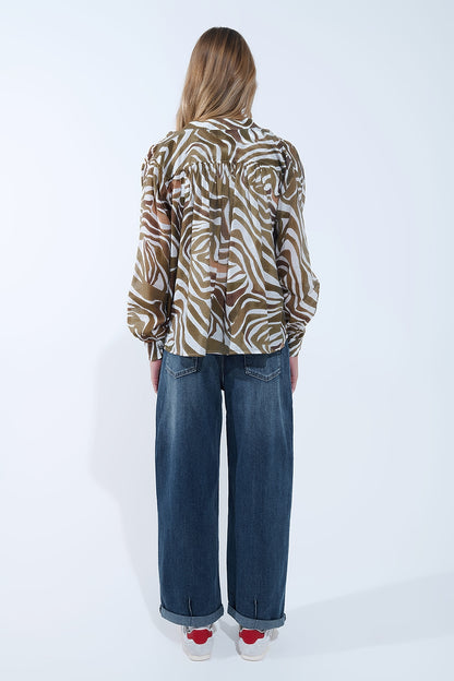 khaki zebra print flowy chiffon blouse