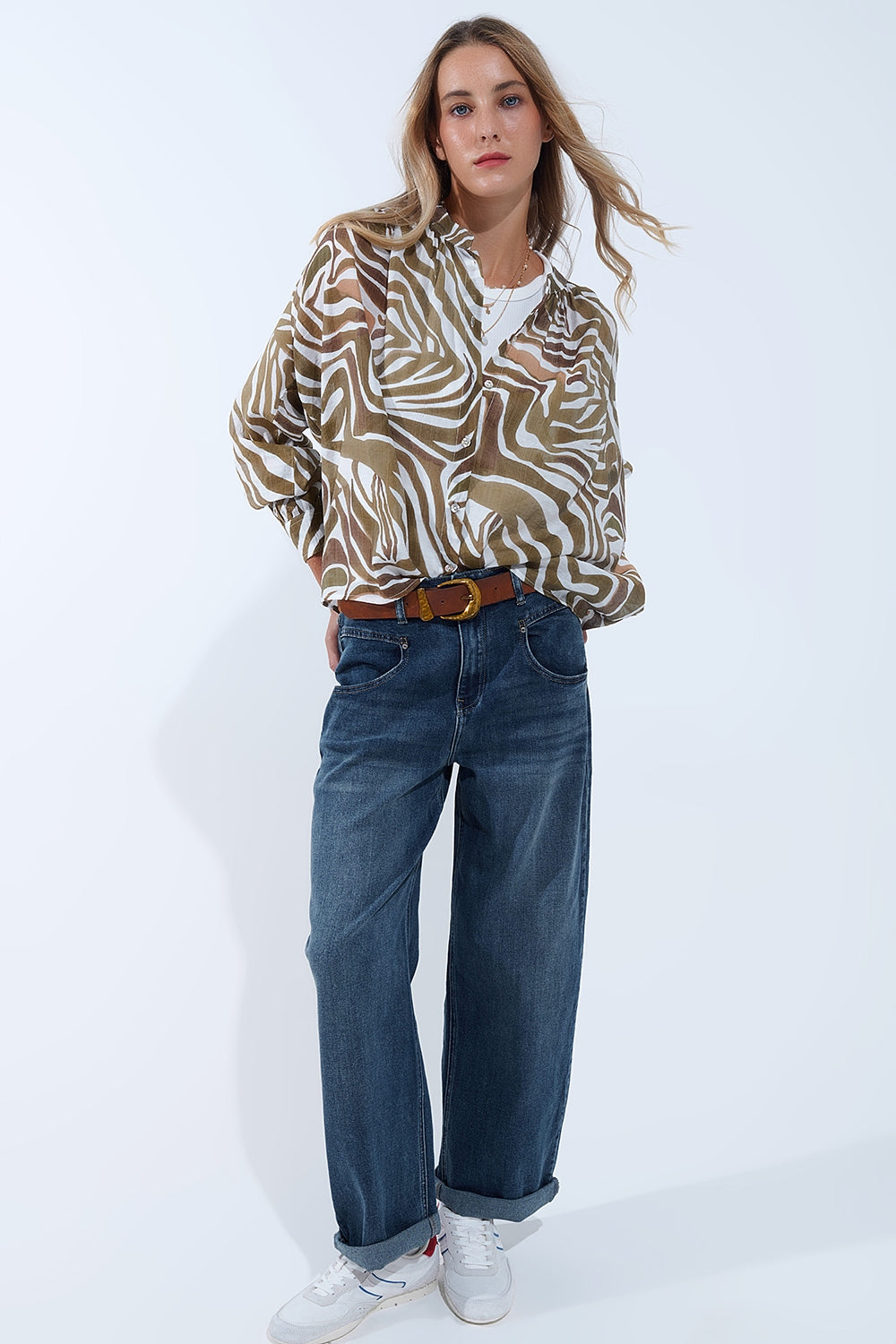 khaki zebra print flowy chiffon blouse