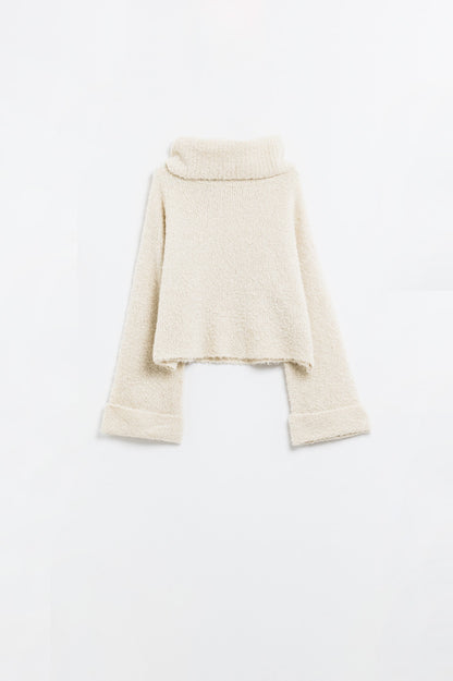 knitted fluffy high neck sweater in beige
