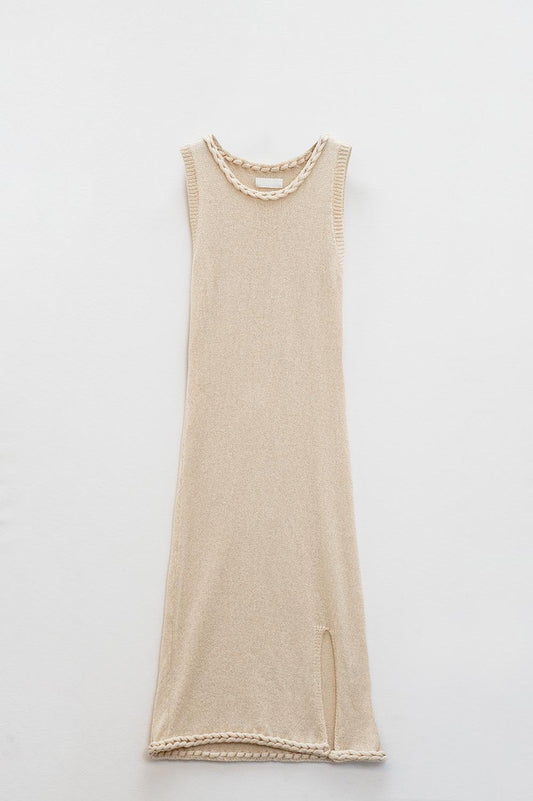 Q2 Knitted Midi Dress With Braided Detail in beige color