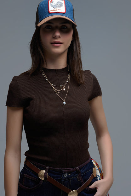 Knitted Rib Featherweight Tuckable sweater in Brown