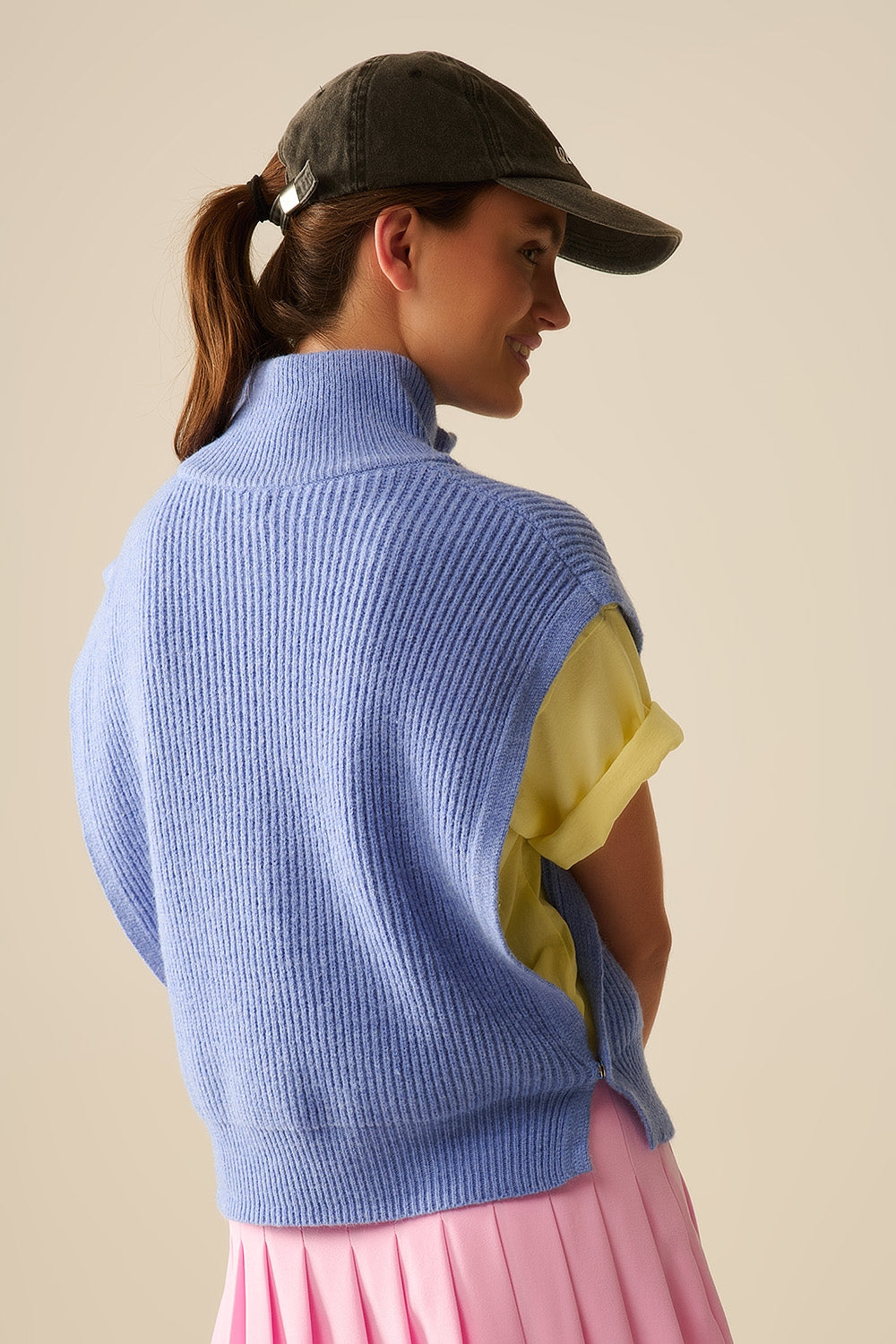 Knitted Vest With Half Zip Turtle Neck And Big Arm holes in blue