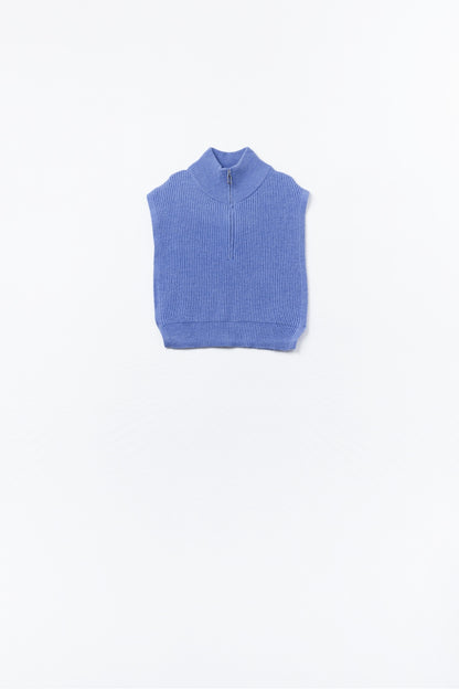 Knitted Vest With Half Zip Turtle Neck And Big Arm holes in blue