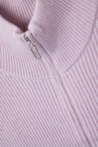Knitted Vest with High Half-Zip Collar and Large Armholes in pink