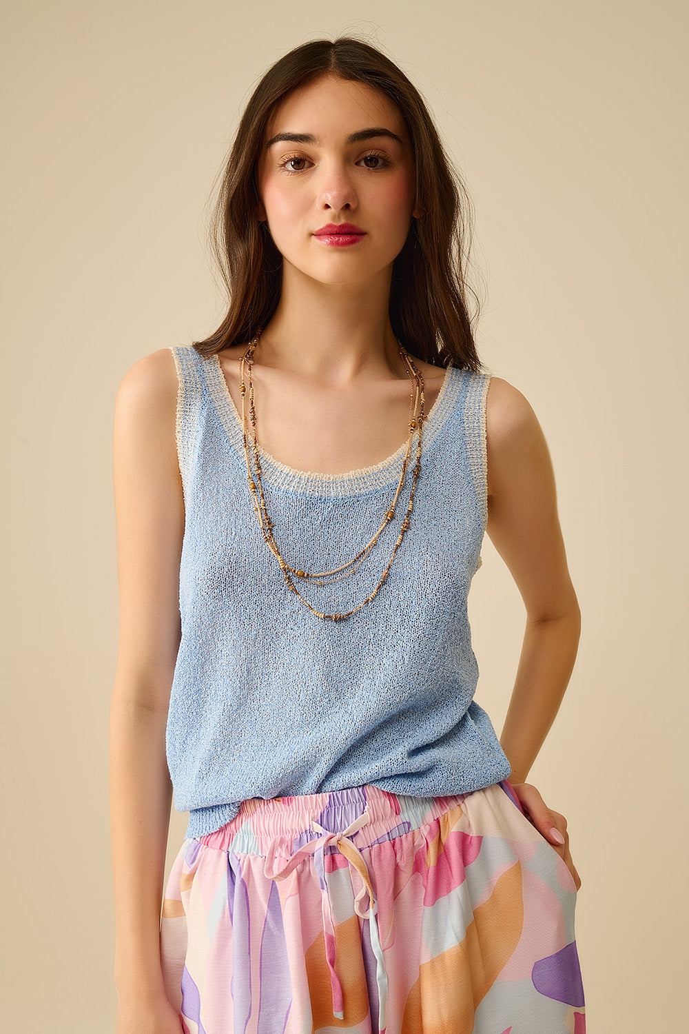 Q2 Light Blue Knit Tank Top with White Trim