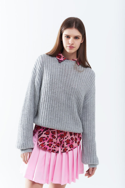 Q2 Light grey chunky knit sweater with balloon sleeves
