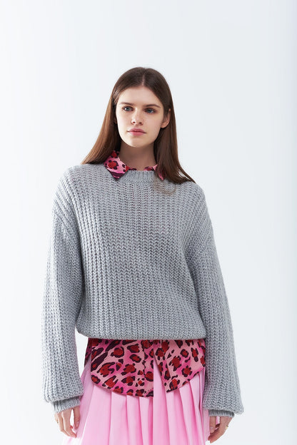 Light grey chunky knit sweater with balloon sleeves
