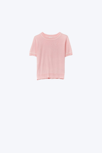 Q2 Light Pink Short Sleeve Knit Top with White Contrast Trims