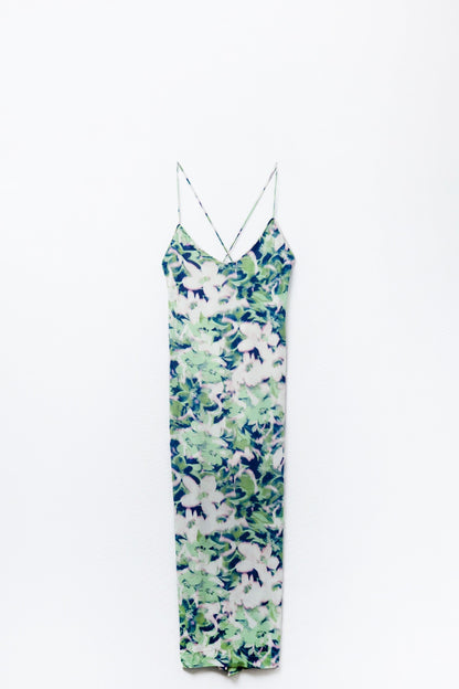 long green floral print dress with wide back neckline