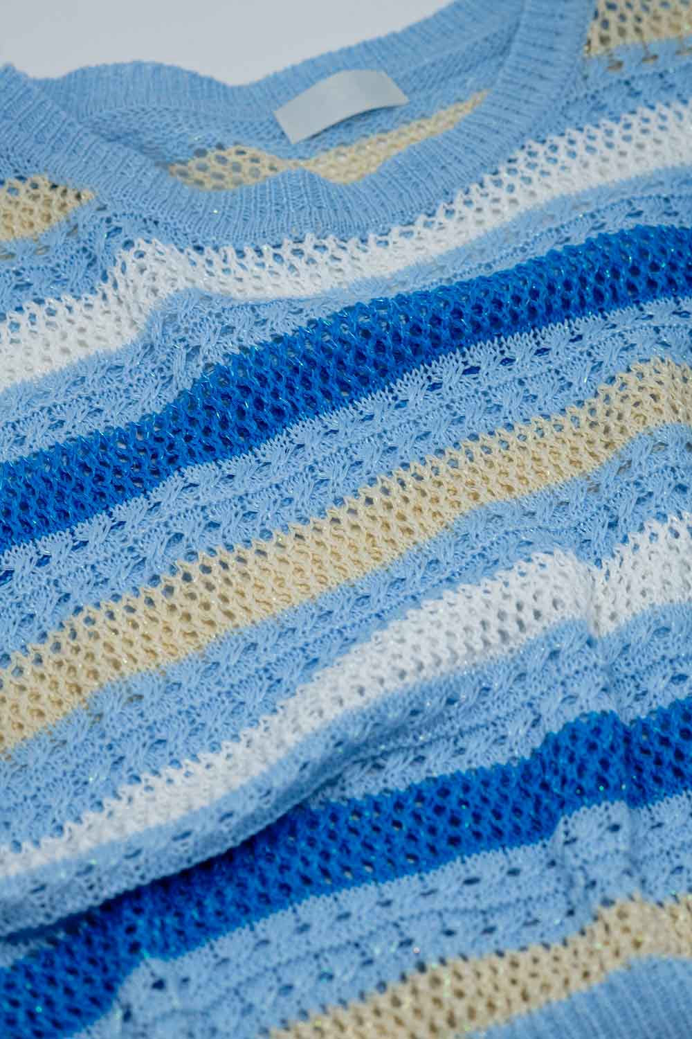 Long Sleeve Blue Multicolored Sweater With Boat Neck