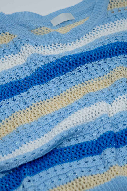 Long Sleeve Blue Multicolored Sweater With Boat Neck