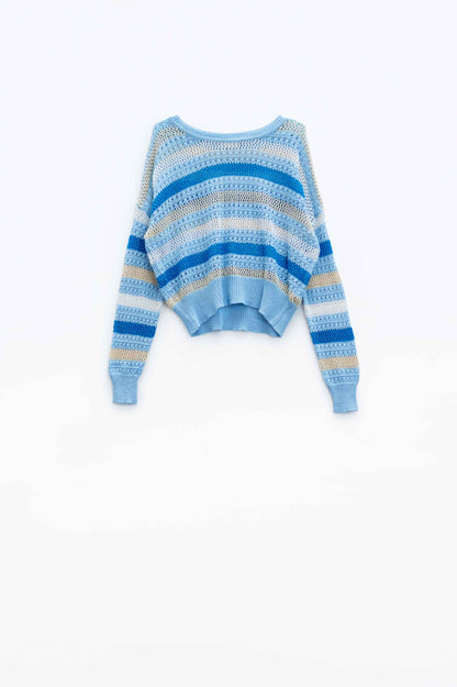 Long Sleeve Blue Multicolored Sweater With Boat Neck