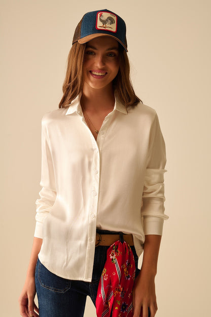 Q2 Long Sleeve Button Up satin Blouse With Polo Collar In white color
