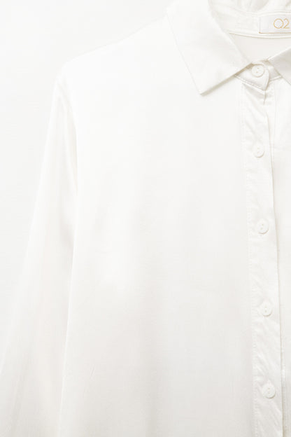 Long Sleeve Button Up satin Blouse With Polo Collar In white color