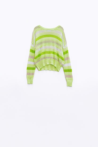 Q2 Long Sleeve Light Multicolored Sweater With Boat Neck