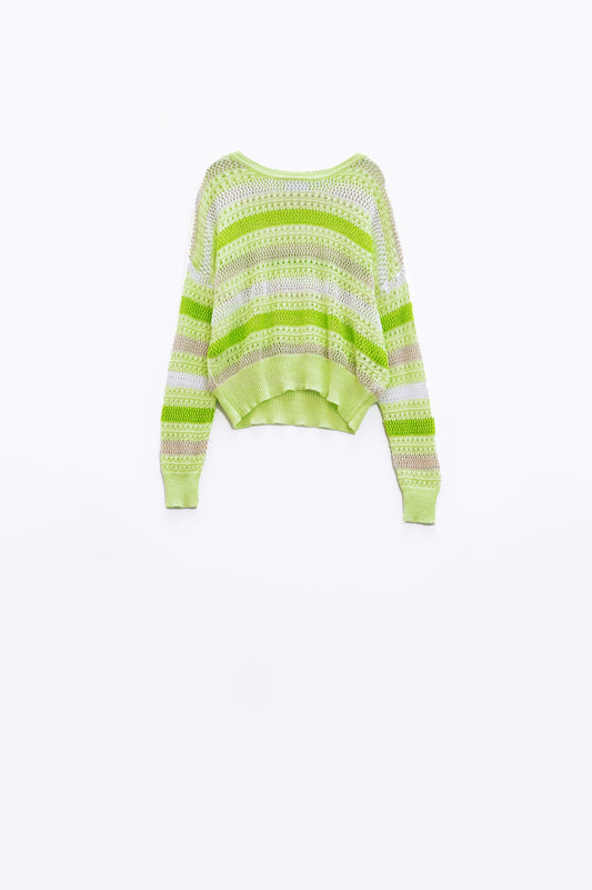 Q2 Long Sleeve Light Multicolored Sweater With Boat Neck