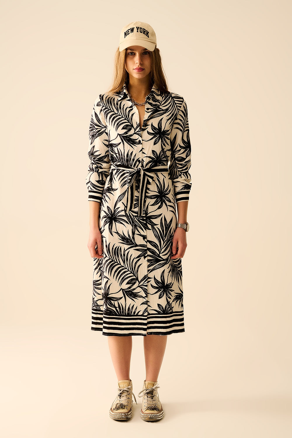 Long Sleeve Midi Dress In Tropical Motif in Black and White