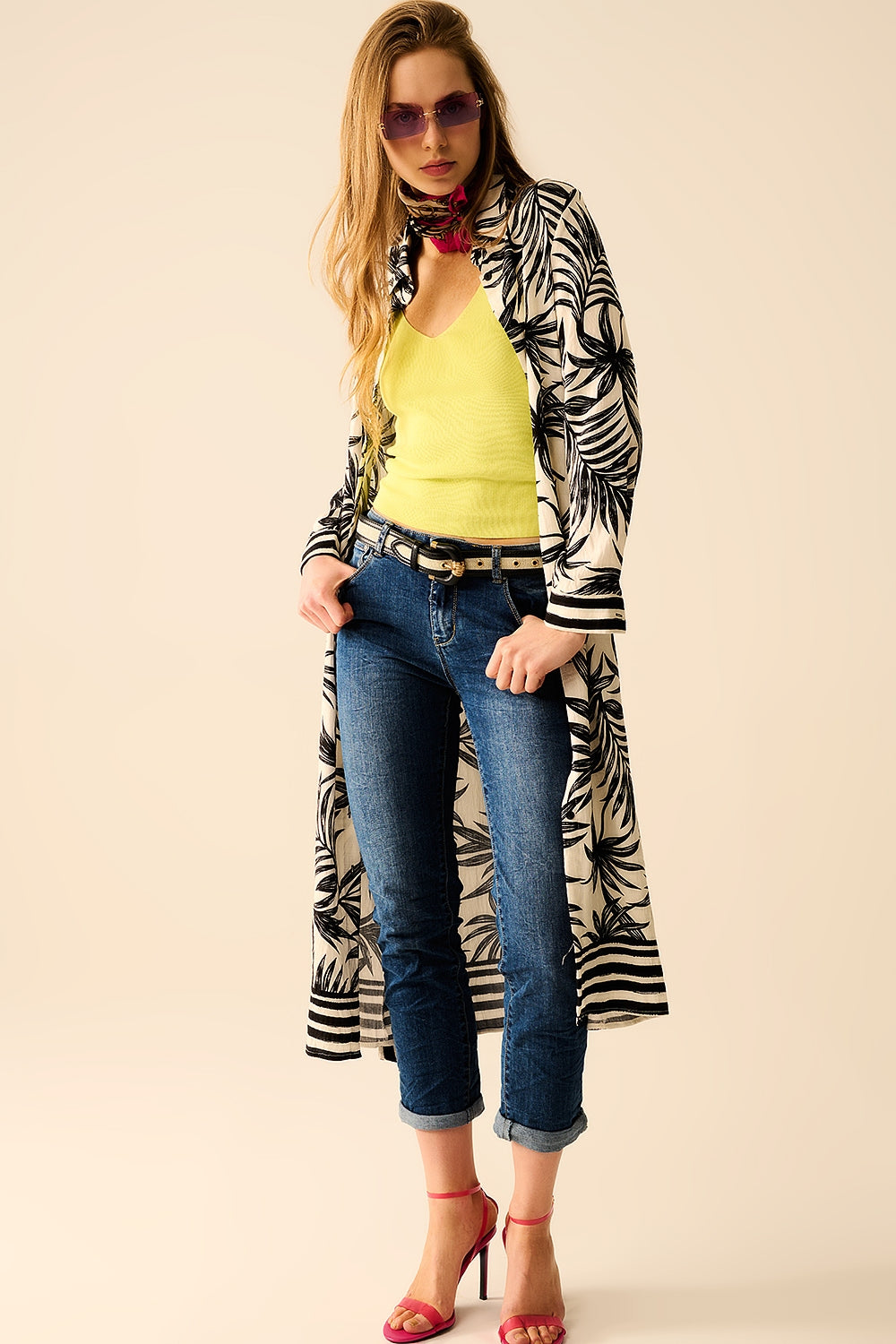 Long Sleeve Midi Dress In Tropical Motif in Black and White