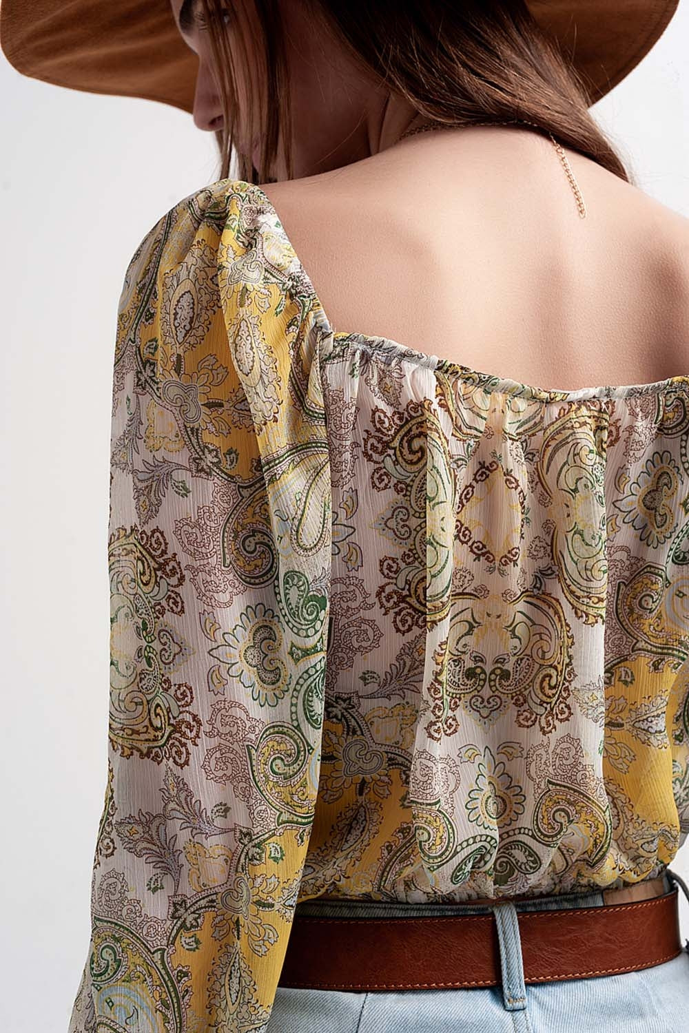 Long sleeve sheer top with shirred waist and tie detail in cachemir