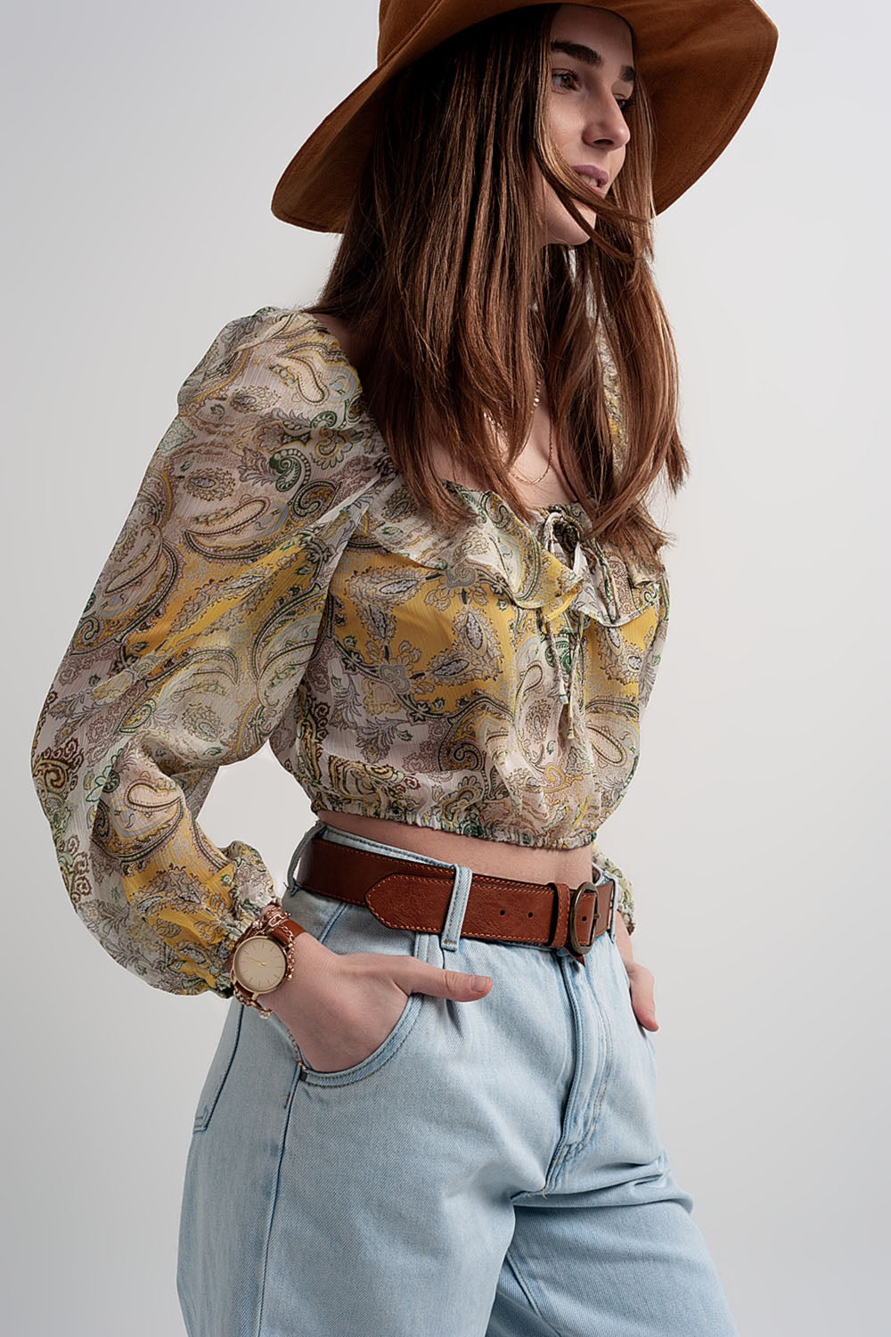 Long sleeve sheer top with shirred waist and tie detail in cachemir