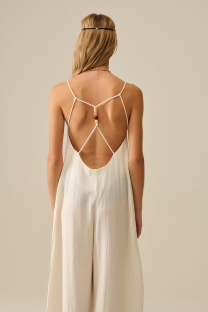 Long Textured Jumpsuit with Beaded Straps in Cream