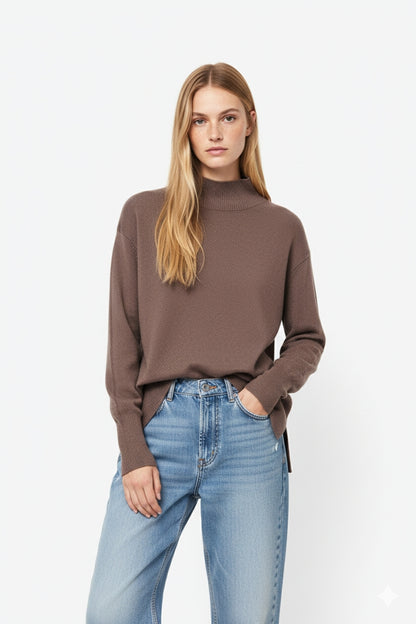 Loose brown sweater with open back detail