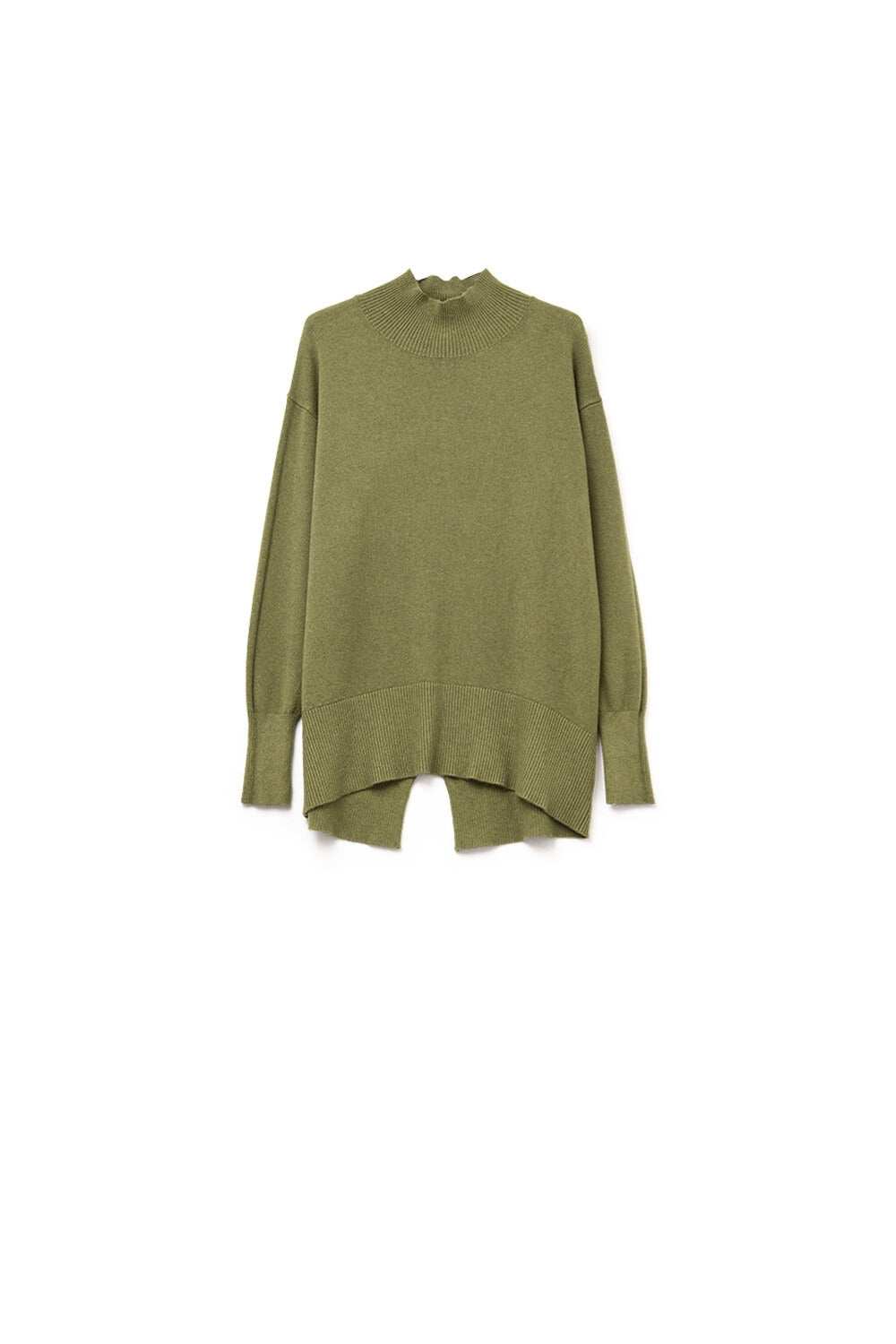 Q2 Loose military green sweater with open back detail
