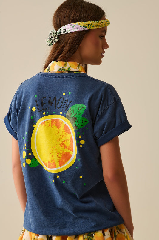 Q2 Made in Italy navy t-shirt with Lemon graphic