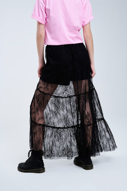 Maxi Black Lace Skirt with Floral Print