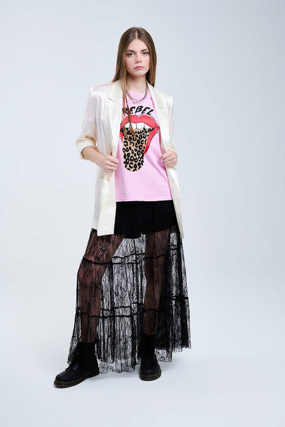 Maxi Black Lace Skirt with Floral Print