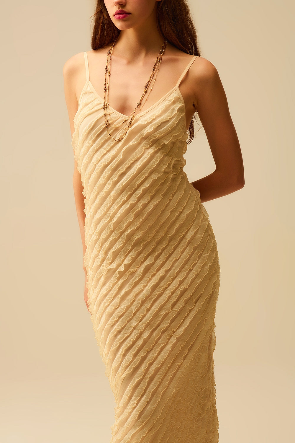 Q2 Maxi ecru dress with fringes and straps