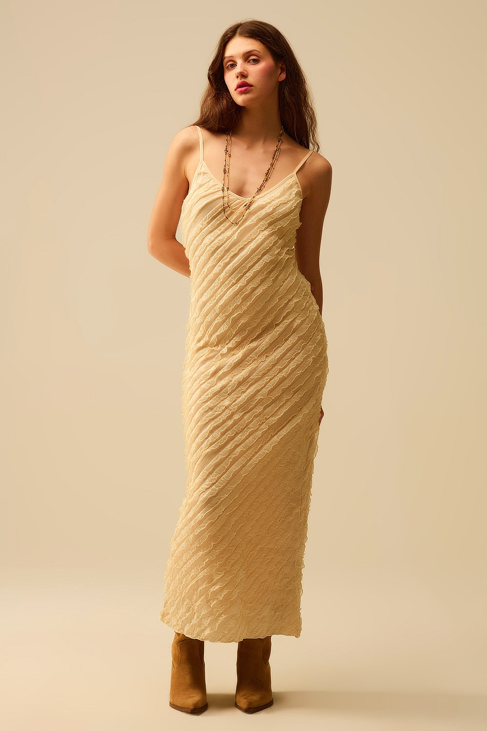Maxi ecru dress with fringes and straps