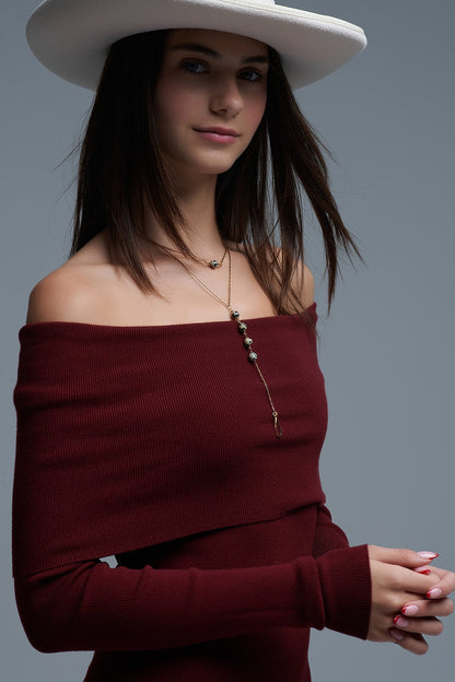 Maxi Knitted wide Bardot Dress in burgundy