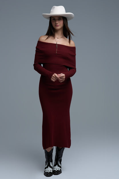 Maxi Knitted wide Bardot Dress in burgundy