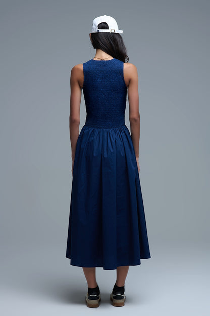 Maxi Navy Poplin Dress with smocked detail
