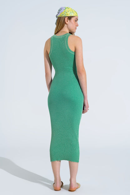 Maxi Sleeveless Halter Bodycon Ribbed Dress in Green