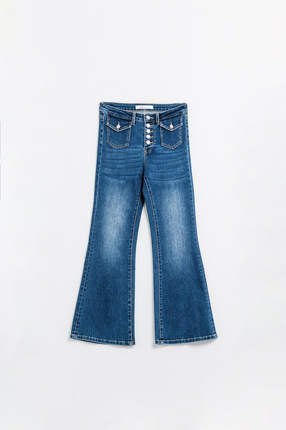 medium wash flared jeans with pockets