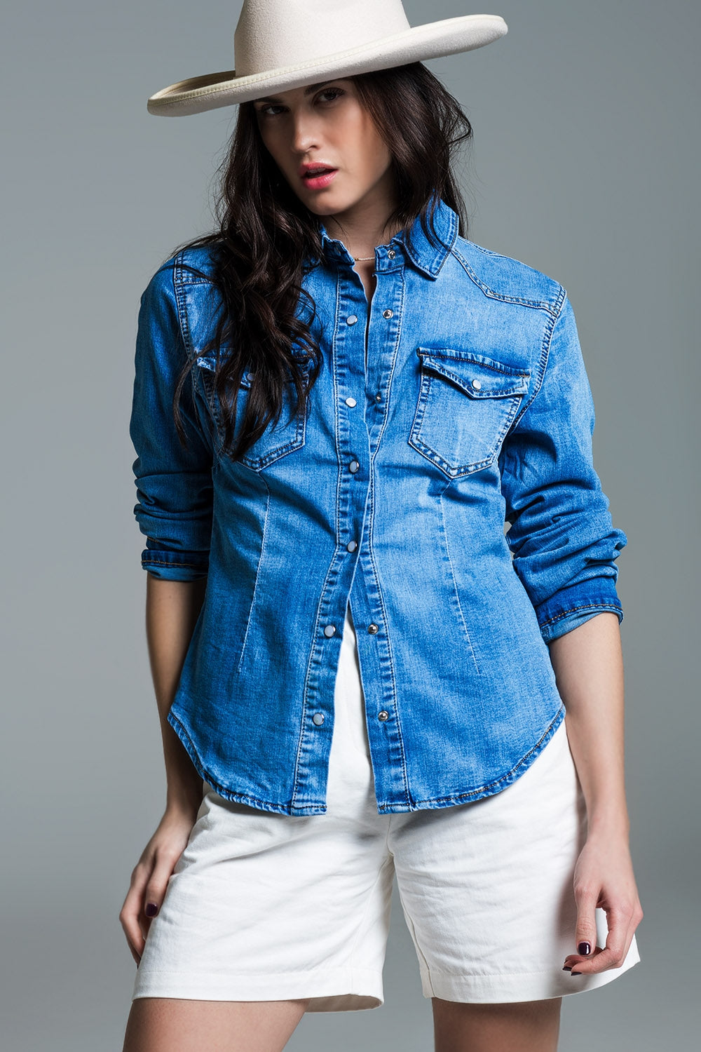Q2 Mid Wash Denim Shirt  With Chest Pockets And Press Buttons