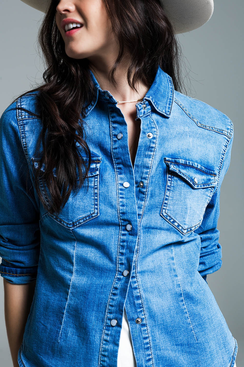 Mid Wash Denim Shirt  With Chest Pockets And Press Buttons