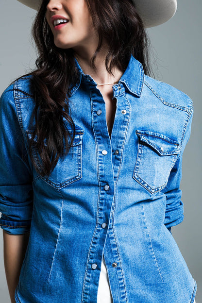 Mid Wash Denim Shirt  With Chest Pockets And Press Buttons