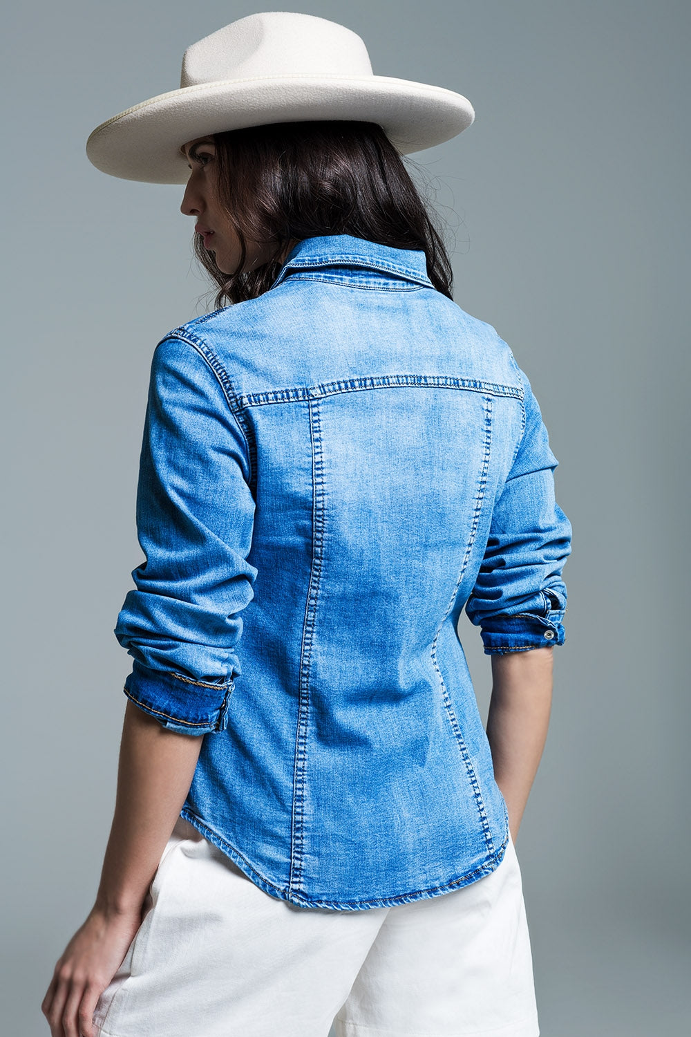Mid Wash Denim Shirt  With Chest Pockets And Press Buttons
